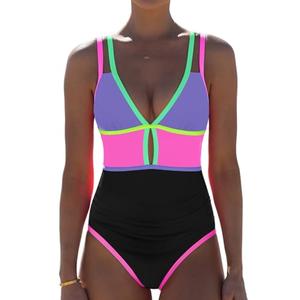 popvil Women One Piece Swimsuit 2026 Tummy Control Sexy Cutout Neon Color Block Bathing Suit Slimming Adjustable Swimwear, Purple Small