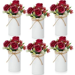 Domensi 6 Sets Valentine's Day Wedding Centerpiece for Table Decoration Red Artificial Fake Rose Flower with Metal Vase Faux Silk Rose Bouquet Floral Arrangement for Bridal Shower Home Dining