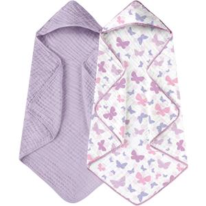Yoofoss Hooded Baby Towels for Newborn 2 Pack 100% Muslin Organic Cotton Baby Bath Towel with Hood for Babies, Infant, Toddler and Kids, 32x32Inch, Soft and Absorbent Newborn Essential, Butterfly