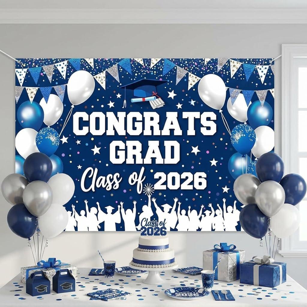 Congrats Grad Graduation Decorations 2026 Backdrop Banner, Large Blue Silver Class of 2026 Graduation Party Supplies, Fabric Senior 2026 Photo Booth Background for High School College, 59.1x39.4I Inch