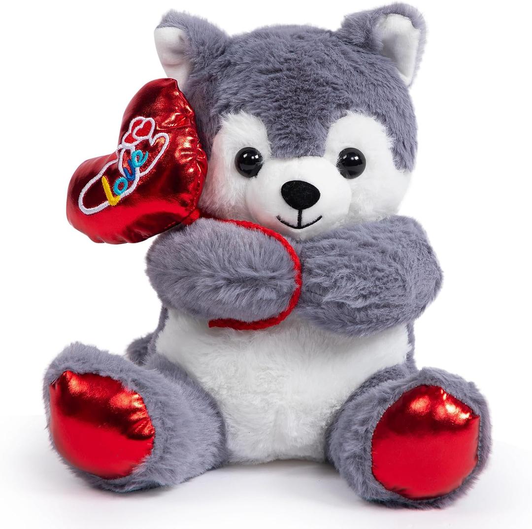HollyHOME Husky Stuffed Animal Valentines Puppy Plush Holding Red Love Balloon for Kids and Girlfriend Anniversary Valentines Birthday Gifts 10 inches