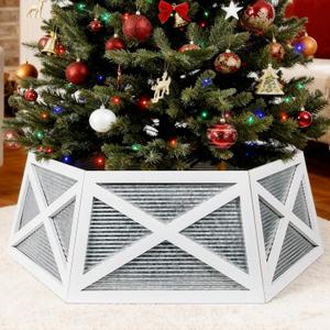 Pruchant Christmas Tree Collar for 7.5 ft Tree, 30" White Hexagon Farmhouse Tree Stand Base Cover in Rustic Wood and Galvanized Metal, Tree Skirt for Christmas Trees Decoration