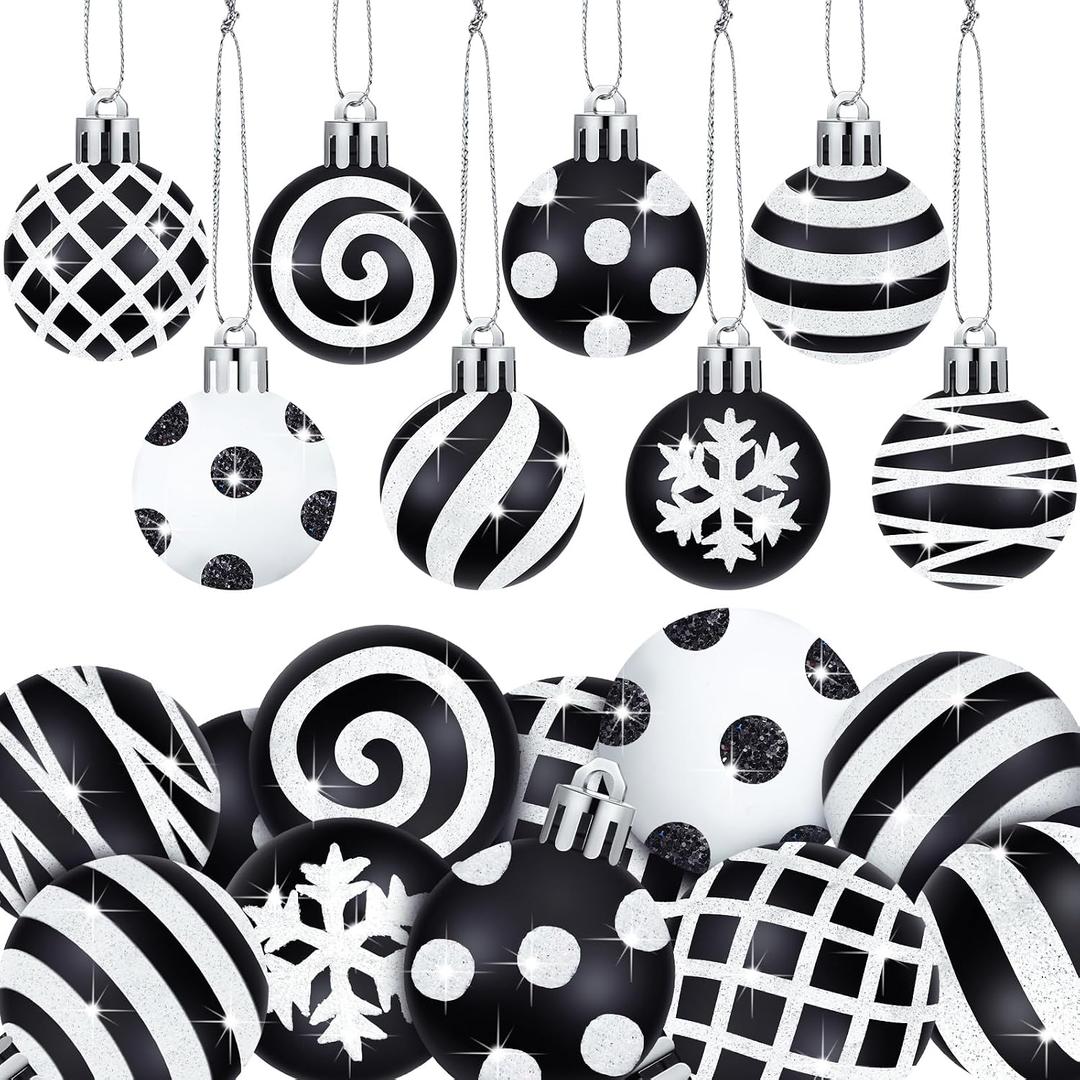 Realspring 24 Pcs Christmas Ball Ornaments Black and White Christmas Tree Decoration Ornaments 2.36 Inches Glitter Plastic Stripe Dot Snowflake Hanging Decoration for Home Indoor