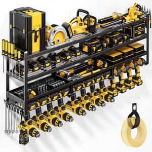 49" W Large Power Tool Organizer Wall Mount Supports 600 lb, Heavy Duty 4-Tier 12 Cordless Drills Holder, Tool Storage Utility Racks, Tool Battery Shelf for Garage Basement and Workbench