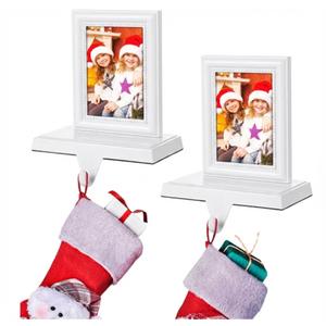 Yilloog 4 Pcs Christmas Stocking Holder for Mantle Picture Frame Stocking Holder Christmas Photo Frame Aluminum Alloy Hanger for Fireplace Xmas Holiday Decor (White)