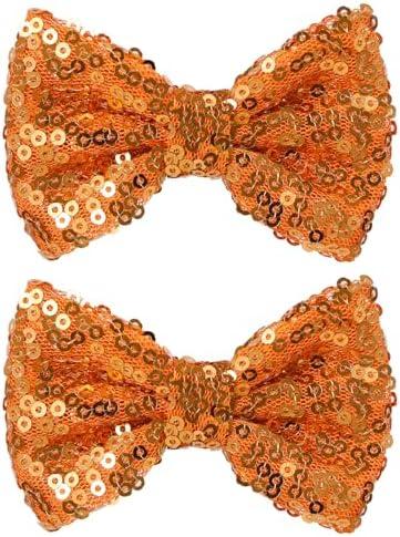 Glitter Orange Sequins Hair Bows 3in Sparkly Alligator Clip Hair Pin Barrettes for Teens Toddler Baby Girls Happy Fall Thanksgiving Day Halloween Dress Decor Accessory Gift 