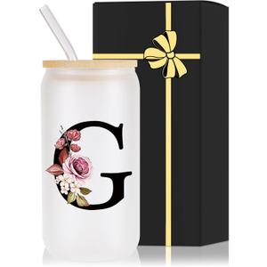 Monogrammed Glass Drinking Cup With Lid Straw Happy Birthday for Adult Men Women Who Have Everything Want Nothing Dad Mom Guy People Couples Parents Christmas Cool Funny Unique Special Gifts Present,G, 16 Ounces