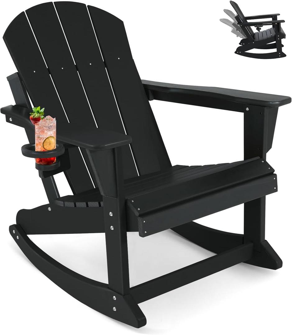 Outdoor Rocking Chair, HDPE Poly All-Weather Patio Rocking Chairs with Cup Holder for Adults, Porch Rocker for Deck Patio Balcony, 440lbs, Black