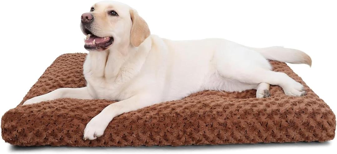 KSIIA Washable Dog Bed Deluxe Plush Dog Crate Beds Comfy Kennel Pad Anti-Slip Pet Sleeping Mat for Large, Jumbo, Medium, Small Dogs Breeds, 35" x 23", Brown