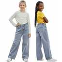 Girls Straight Leg Bootcut Baggy Jeans 8-12 Years - Mid Rise Adjustable Stretch Waist Pull Up Design 5 Pockets Washed Denim Pants for Tween Kids (11_Years,Blue,Straight Leg)