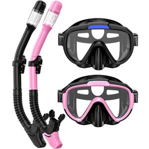 Snorkel Set Adults Snorkeling Gear Anti-Fog Panoramic View Swim Mask Dry Top Snorkel Kit with Carry Bag for Snorkeling Scuba Diving Swimming Travel (Z-Black/ Pink Black)