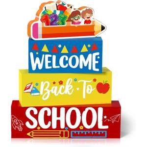Welcome Back to School Table Decorations, 1st Day of School Wooden Block Sign Pencil Centerpieces for Party, The First Day Banner, Classroom Decor for Kids Teacher Desk Gifts, Tiered Tray and TableTop