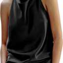 Women's Silk Satin Tank Tops Halter Draped Front Sexy Backless Womens Summer Tops Elegant Camisole Tops (Large, Black)