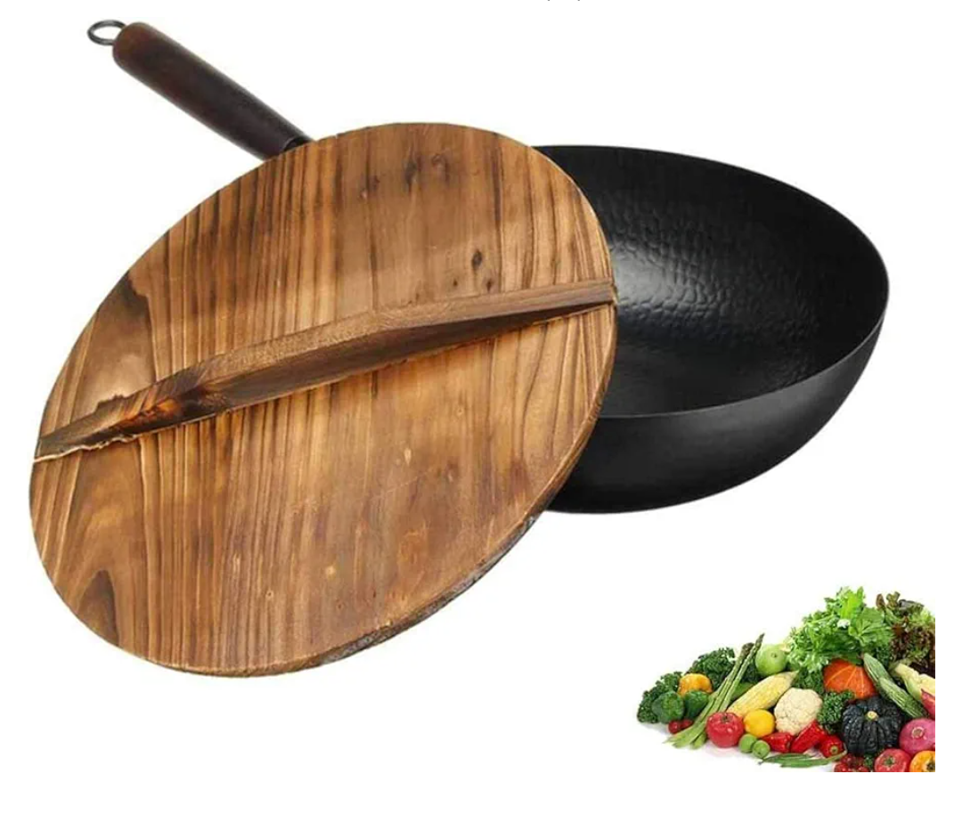 Non-Stick Pan 32cm Handmade Chinese Iron Frying Pan No-Coating Kitchen Wok Skillet Kitchen Cooking Tools Glass/Wood Lid Cookware,B,A