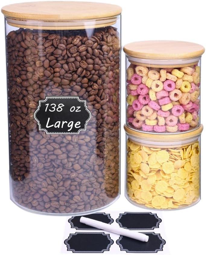 Set of 3 Glass Food Storage Containers with Bamboo Lids, Clear Glass Canisters Sets with Bamboo Lid, Airtight Kitchen Jars or Countertop, Coffee Beans (SET2)
