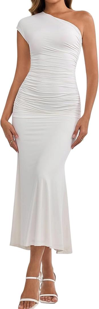 Summer One Shoulder Wedding Guest Dresses for Women Elegant Long Formal Bodycon Ruched Bridesmaid Midi Dress 2026 (White, L)