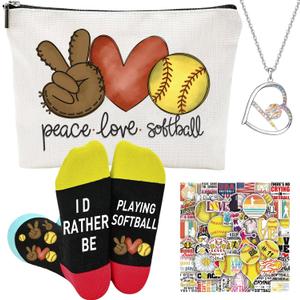 Softball accessories for girls Set Softball Gifts Socks Softball Bracelets Softball Necklace Softball Makeup Bag Softball 50 Pcs Stickers-Softball Lovers Gifts