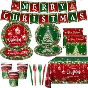 Christmas Party Decorations Dinnerware Set, 142Pcs Red and Green Merry Christmas Plates and Napkins,Cups,Banner, Shine Claus Tree Tablecloth for Winter Holidays Xmas Party Supplies