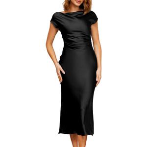 Memoriesea Women's Sexy Cowl Neck Cap Sleeves Tie Back Party Cocktail Midi Dress, Large
