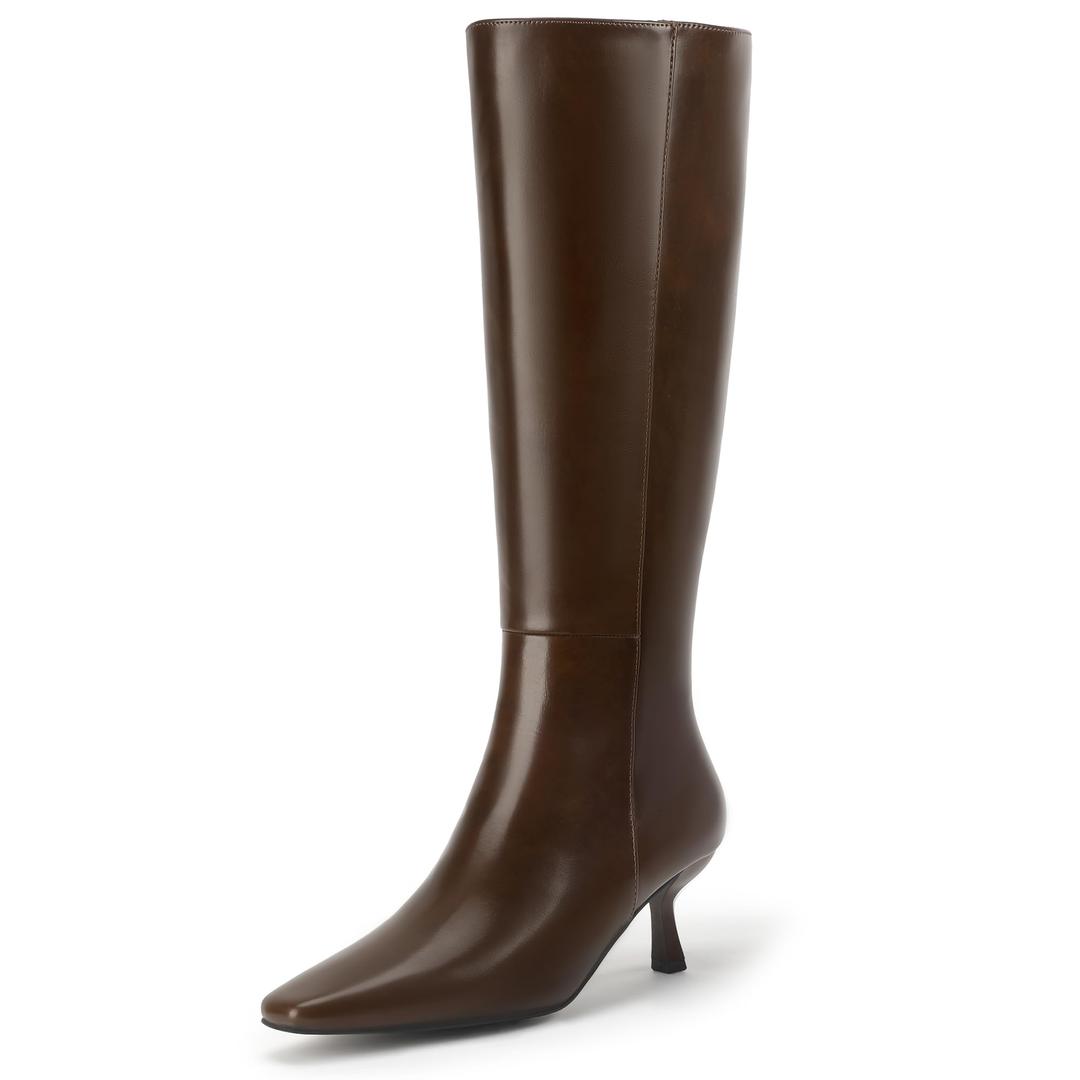 IDIFU Dark Brown Boots for Women Knee High Square Toe Low Kitten Heel Tall Long Fall Boot with Side Zipper Dress Comfortable Fashion Pull On Small Heel GoGo Heeled Boots(Dark Brown Pu, 8.5) (Brown)