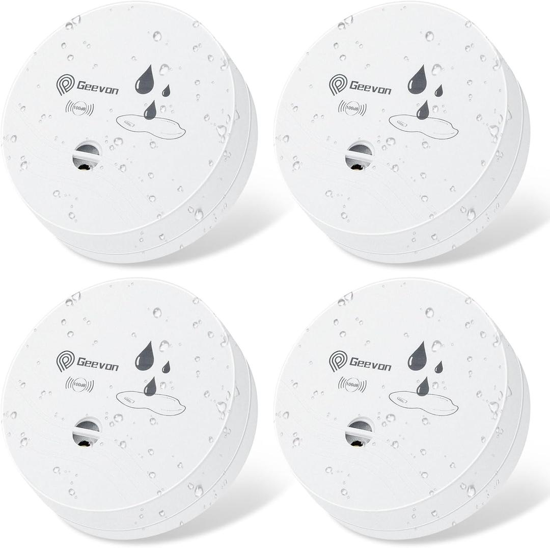 Geevon 4 Pack Water Leak Detectors, 100dB Water Sensor Alarms Flood Detector for Basements, Bathrooms, Laundry Rooms, Kitchens, Garages, and Attics, Water Alarms Battery-Operated (Battery Included)