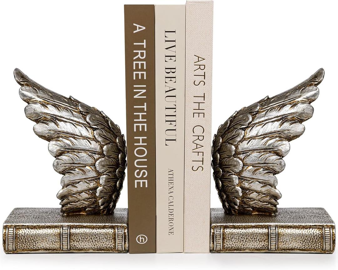 Book Ends for Shelves - Book Ends to Hold Books Heavy Duty, Lucky Wings Decorative Bookends with Anti-Slip Base Book Stopper for Shelves Books Magazines Home Office Decor (Silver)