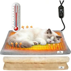 Heated Cat Bed, 6 Adjustable Temperature & 5 Timers, Cat Heating Pad Indoor, Waterproof Pet Heating Pads for Cats with Chew-Resistant Cord, Electric Warmer with 2 Removable Cover, 17.7" x 15.7"