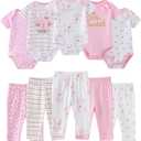 Ruliby Baby Bodysuit and Pant Set 10-pcs Cotton Soft Newborn Boy Girl Clothes Outfits, 9-12 Months, Pink Bunny Set 10 Pieces