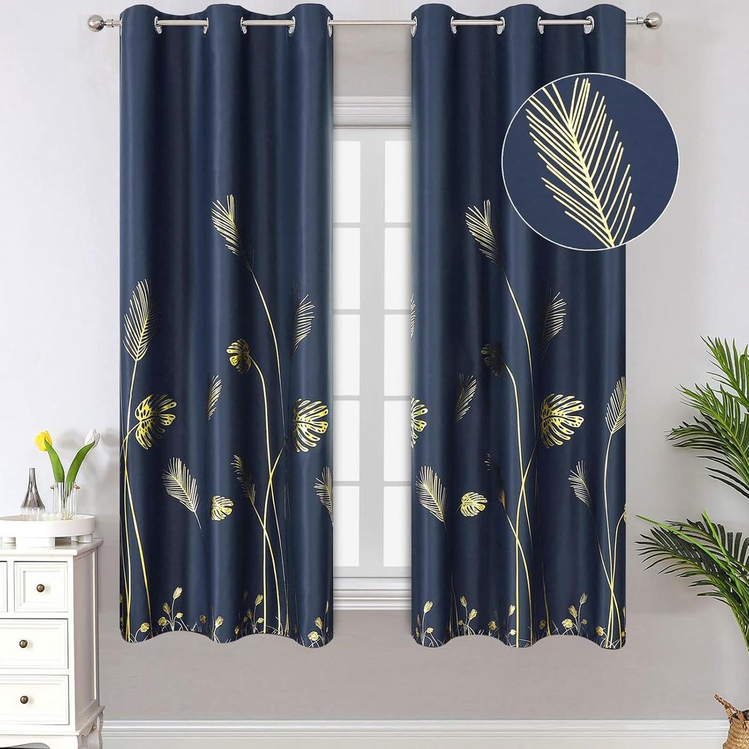 Estelar Textiler Window Curtains 63 Inch Blackout Curtains Palm Tree and Wheat Pattern Printed Light Blocking Curtains for Kitchen, Navy Blue, 42Wx63L, 2 Panels