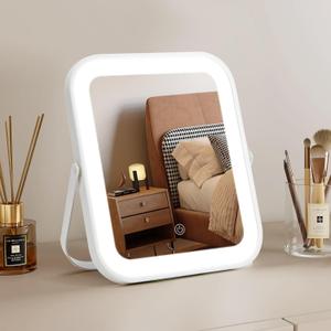 8" x 10" Lighted Vanity Mirror with 3-Color Dimmable LED, HD Professional Mirror with Lights, 360° Rotation, Portable Makeup Mirror for Bedroom Desk or Travel, No Batteries (White)