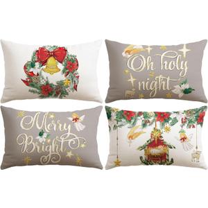 Artscope Christmas Oh Holy Night Merry Bright Jesus Wreath Throw Pillow Covers 12x20 Inch Set of 4, Winter Hoilday Christmas Decoration Pillow Cases for Home Sofa Couch Decor-Grey