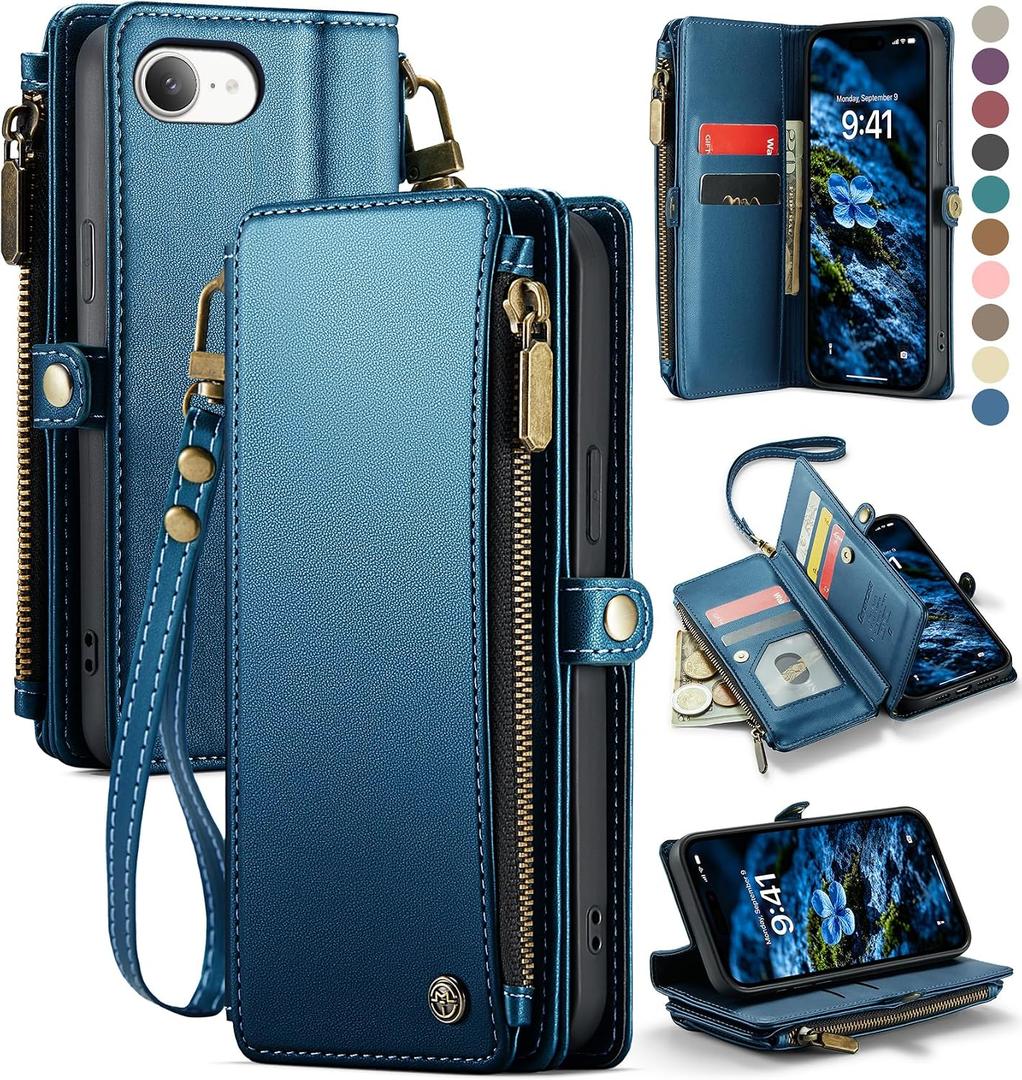 Defencase for iPhone 16E/17E Case Wallet with RFID Blocking Card Holder Slots for Women, Elegant PU Leather Magnetic Snap Flip Wristlet Strap Zipper Wallet Phone Cases for iPhone 17e & 16e, Dark Blue