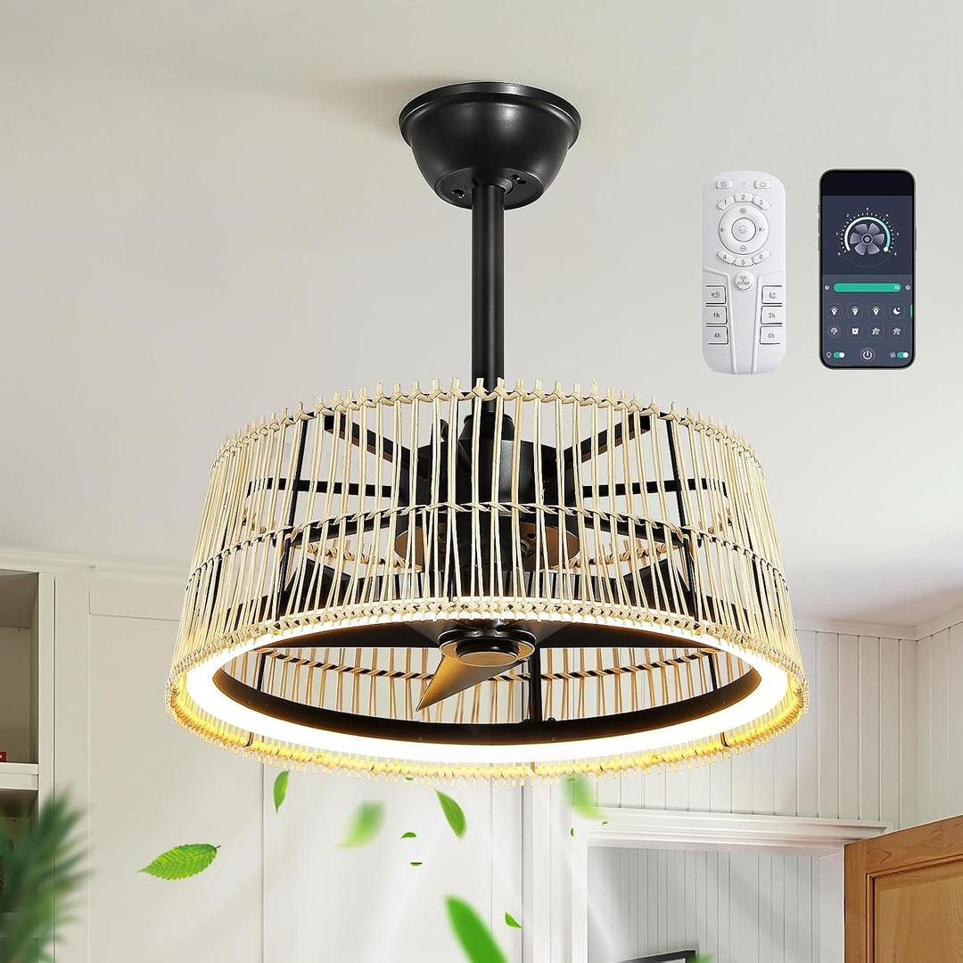 KAISITE Ceiling Fan with Light and Remote Control 20 Inch Boho Rattan Ceiling Fan Dimmable LED Fan Light with APP Control Semi Flush Mount Fandelier for Bedroom Living Room