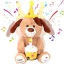Hopearl Adorable Happy Birthday Dog with Glowing Cupcake Musical Stuffed Animal Puppy Singing and Shaking Plush Toy Interactive Animated Kids Gifts, Brown, 15''