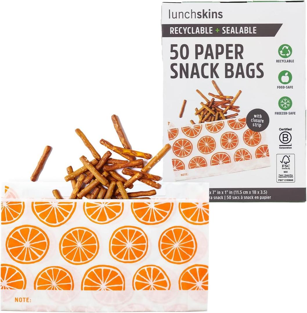 Lunchskins Recyclable & Sealable Food Storage Snack Bags, Orange Design, 50 Bags - Eco-Friendly, Made Without PFAS and BPA