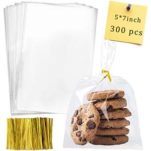 Labeol Cellophane Bags 300Pcs 5X7 Treat Bags with Ties Goodie Bag Clear Plastic Bag for Packaging Favor Gift Cookie Candy Bakery