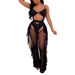 OLUOLIN Women Sexy Perspective Sheer Mesh Long Pants Hollow Ruffle Bikini Bottom Cover up Medium