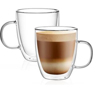 CNGLASS Double Wall Glass Coffee Mugs 12 oz,Insulated Glass Coffee Cups with Handle,Clear Espresso Mugs for Cappuccino,Latte,Tea Bags,Hot and Cold Beverages,Set of 2