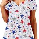 Women's Henley V-Neck Button Pleated Front Memorial American Flag Red White Blue Holiday Tunic (Medium)