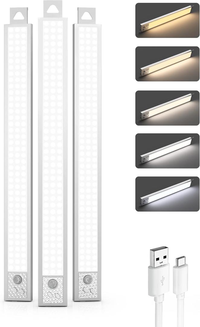16 Inch Under Cabinet Lighting, 3Pack 5CCT Dimmable Closet Lights, Motion Sensor LED Lights of Battery Operated, Rechargeable Under Counter Light for Kitchen, Stairs, Bedroom, Wardrobe