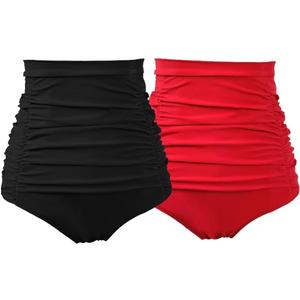 COCOPEAR Women's Ruched High Waisted Bikini Bottom Retro Vintage Swim Short Tankinis (X-Large, Black+red)
