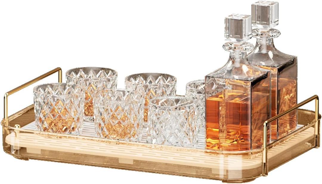Seoneiro Whiskey Tray, Glass Cup Rack, Mug Holder, Coffee Cup Organizer, Bathroom Countertop with Drain Board Wine Glass Decorative Organizer, Food Tray, Kitchen Spice Rack (Amber-1)