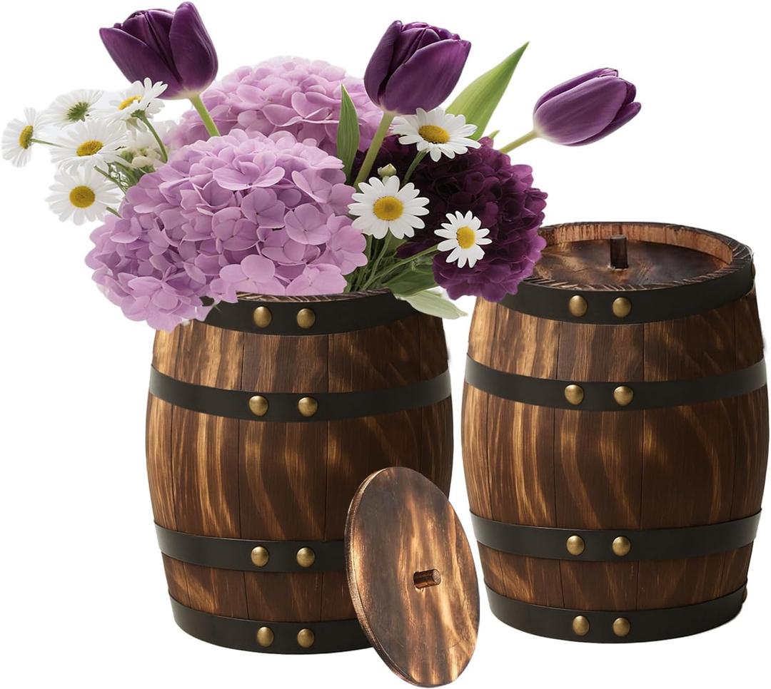 Wood Wine Barrel Vase 2 Pcs 8" x 6.5" Vintage Flower Vase Container Rustic Barrel Planter for Wedding Reception, Table Decoration, Home Indoor/Outdoor Garden, Kitchen, Party