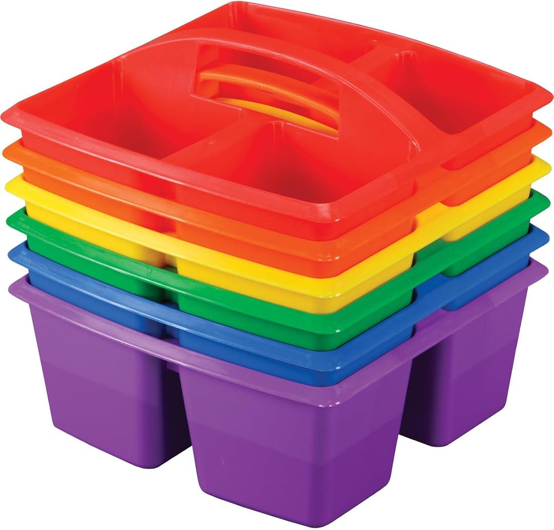 Really Good Stuff - 163999 Four-Equal-Compartment Caddies, Set of 6, Assorted Colors  Plastic Caddy Organizers with Built-in Handles and Stackable Design, Classroom Storage Made Easy