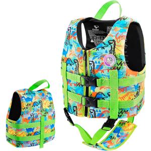 Pottwal Swim Vest for Kids - Swim Jacket for 4-6 Years (39.5-55LBS) - Buoyancy Aid Made of Neoprene & EPE - with Adjustable Crotch Strap - Green Dinosaurs