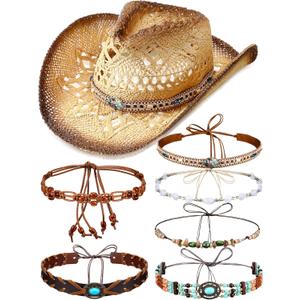 Interchangeable Cowgirl Hat Set Straw Cowboy Hat for Women Western Cowgirl Hat with Six Decorative Bands (multicolor Beige and Brown)