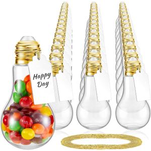 Tessco for you 48 Pieces 100 ml Plastic Light Bulb Jars with Card and String, Light Bulb Candy Containers Clear Candy Jars Fillable Lightbulb Ornaments for Birthday Crafts Party Favors(Gold)