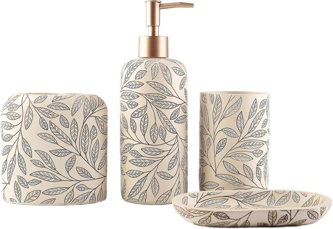 Hymmah Bathroom Accessories Set,Toothbrush Holder,Farmhouse Bathroom Decor,4 Pcs Resin Gift Set Apartment Necessities, Contain Toothbrush Cup,Soap Dispenser,Soap Dish,Tumbler (Leaf Grey Yellow)
