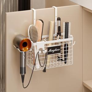 Hair Dryer Holder Cabinet Door 3-in-1 Adhesive Hair Tool Organizer Wall Mounted Adjustable Height Blow Dryer Holder Under Sink Bathroom Hair Appliance Organizer and Storage Countertop(White)