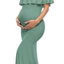 Glampunch Womens Off Shoulder Maternity Dress Ruffles Elegant Slim Gowns Fit Maxi Photography Dress (Large, Sage)
